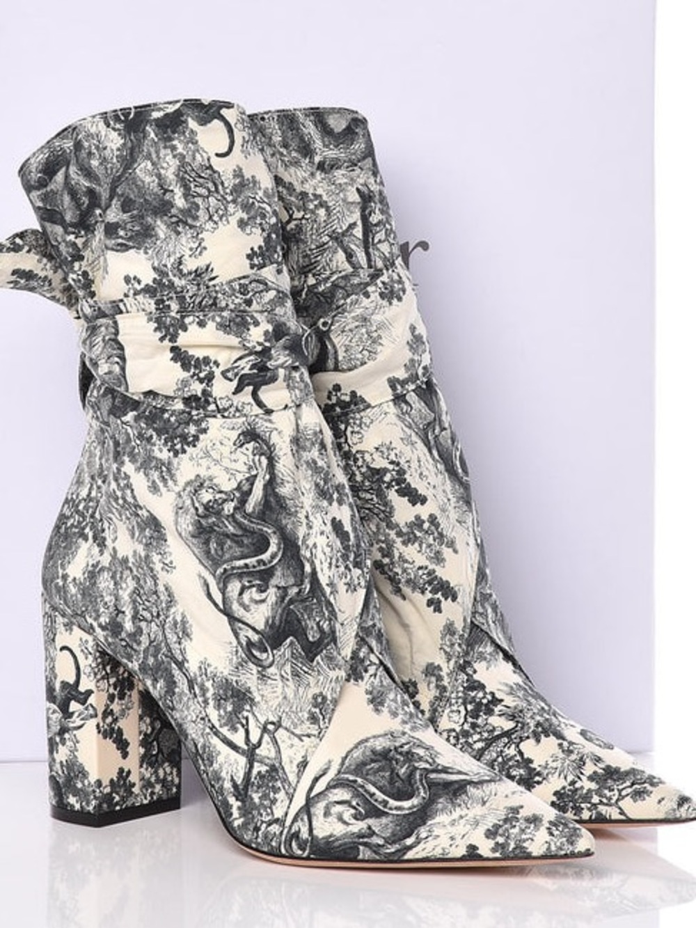 DIOR HUGGY TOILE DE JOUY FABRIC ANKLE HEELED BOOTS
